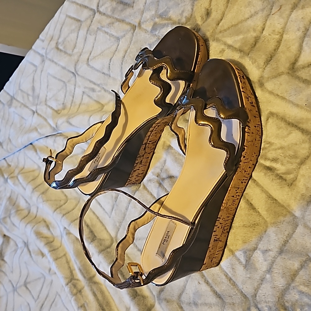 Prada cork wedge strapped sandals